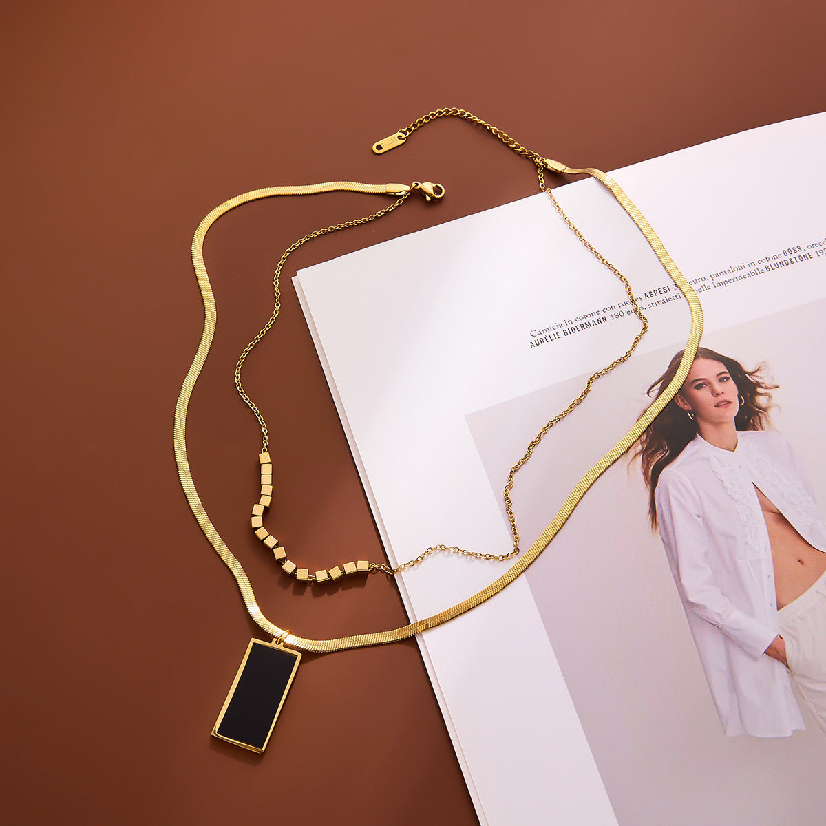 Women's Black Geometric Double-Layer Titanium Steel Choker