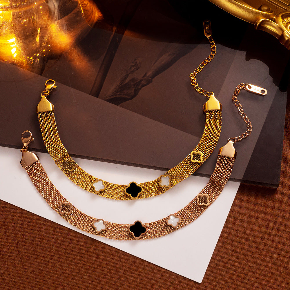 Fashion Stainless Steel Four-Leaf Clover Mesh Bracelet for Women - Durable and Color-Retaining