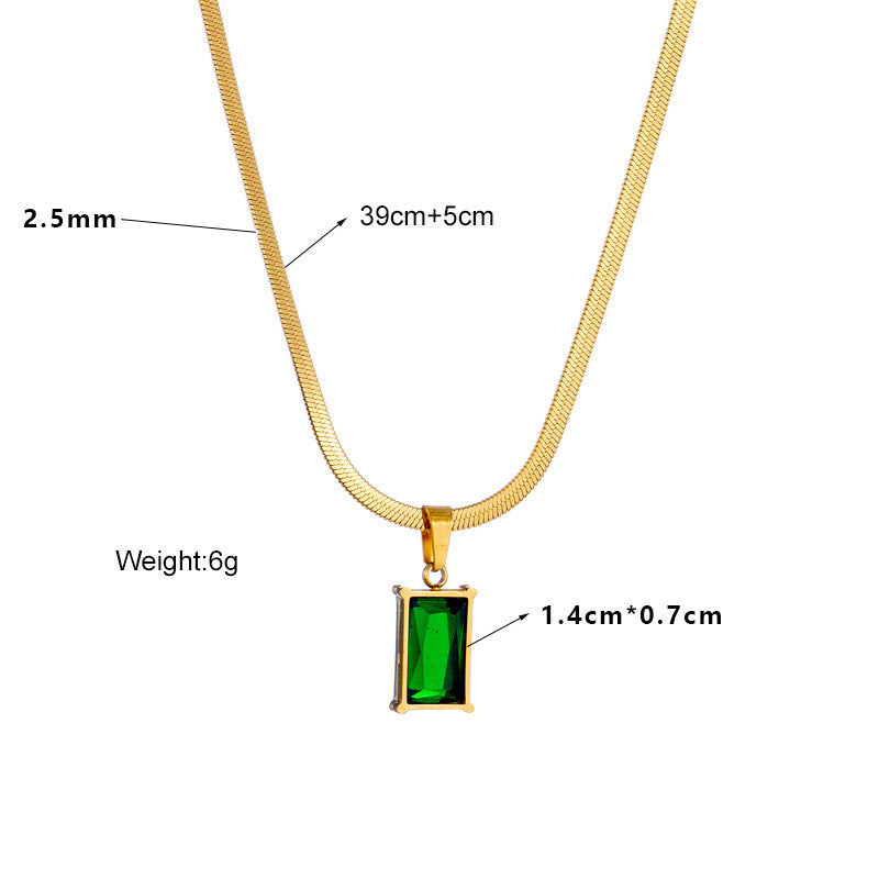 Minimalist Green Rectangular Gem Pendant Titanium Steel Snake Chain
