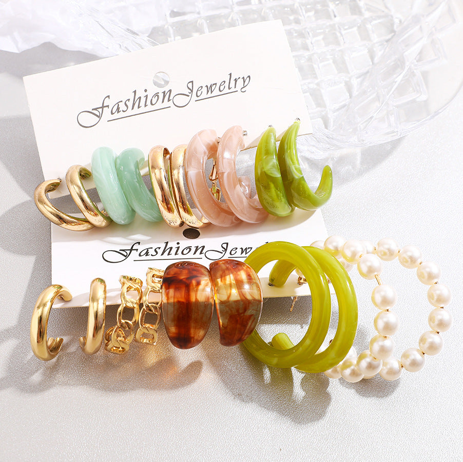 Retro Pearl & Acrylic Earring Set