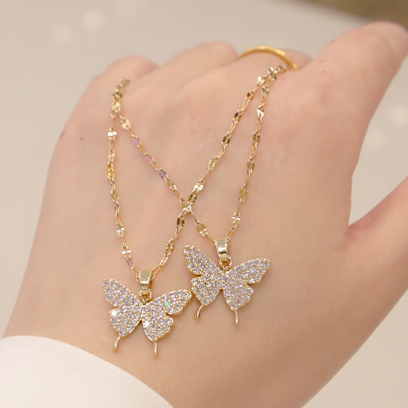 Women's Butterfly Collarbone Necklace with Sparkling Stones — Korean Chic