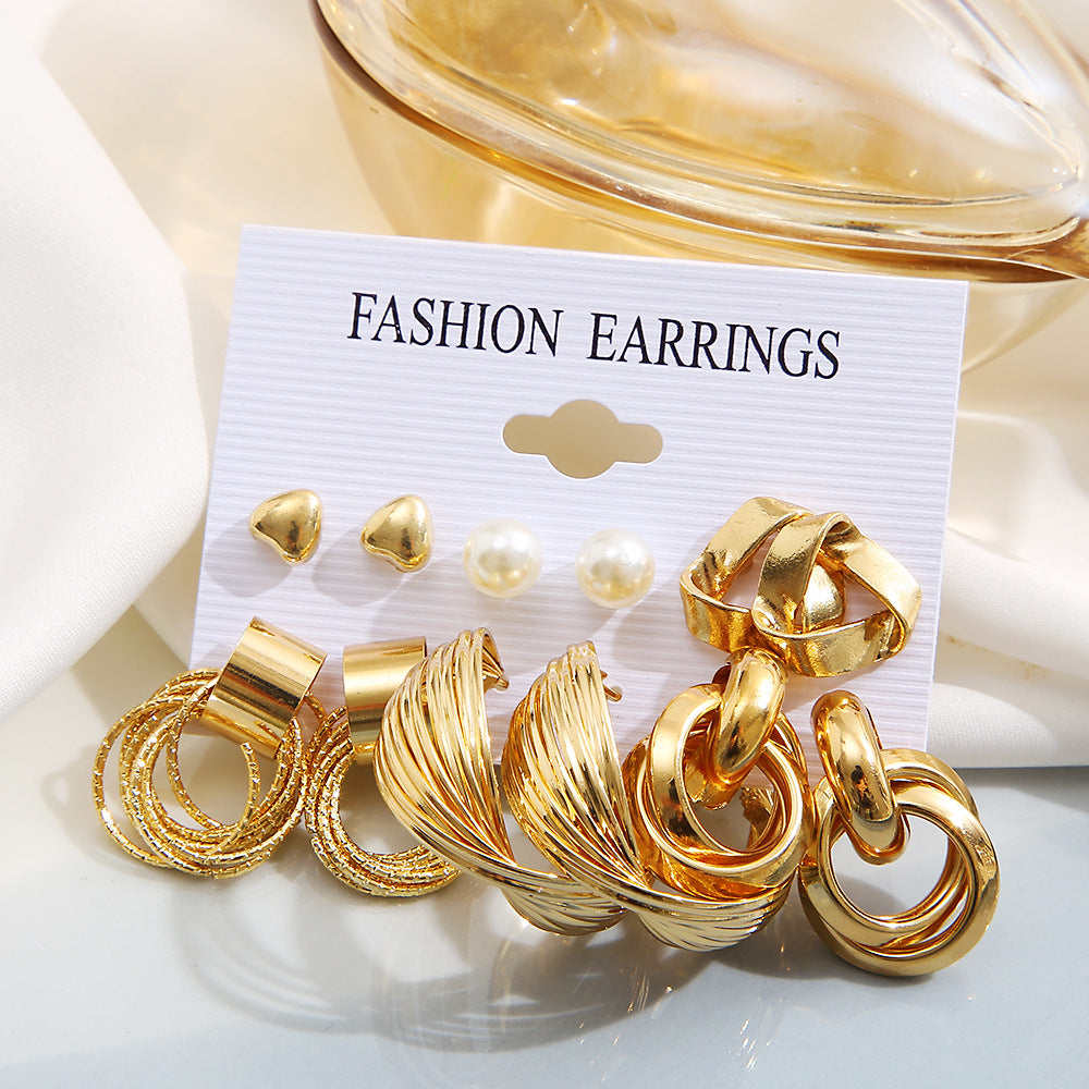 Geometric Twist Pearl Hoop Earring Set (6-Piece)