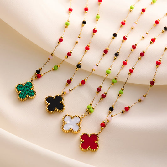 Colored Gem Four-Leaf Clover Beaded Titanium Steel Necklace