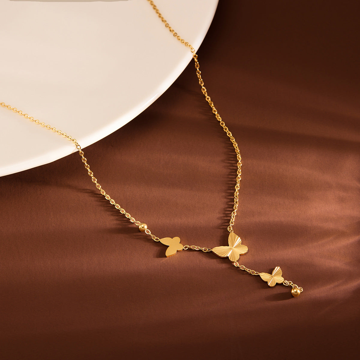 Origami Flower & Butterfly Tassel Titanium Steel Collarbone Necklace