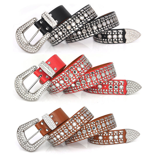 Pin buckle fashion wide rhinestone inlaid belt