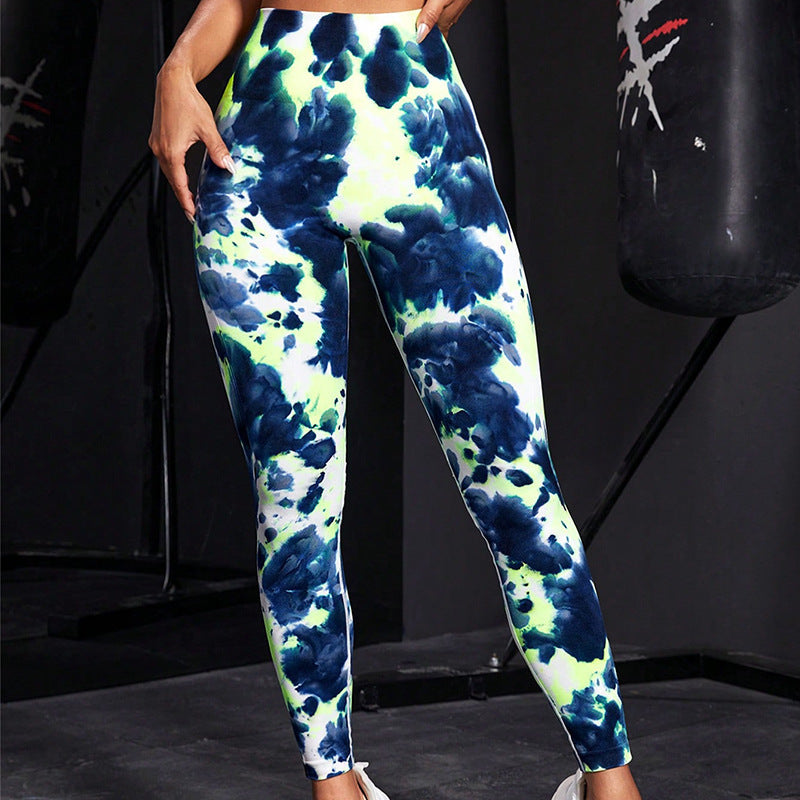 Pantalones de yoga con levantamiento de glúteos y cintura alta con efecto tie-dye sin costuras 