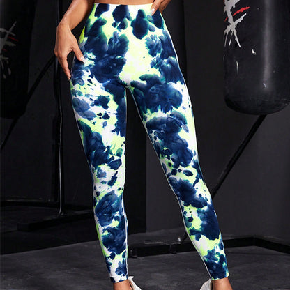 Pantalones de yoga con levantamiento de glúteos y cintura alta con efecto tie-dye sin costuras 