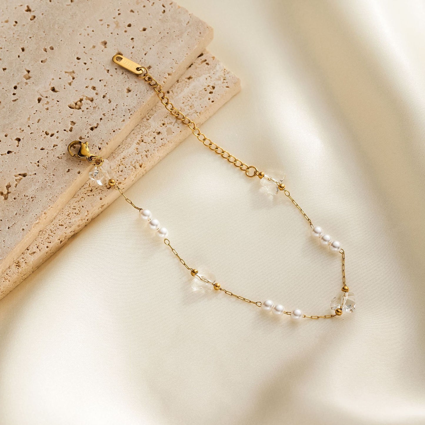 18K Gold Titanium Steel Butterfly Pearl Bracelet