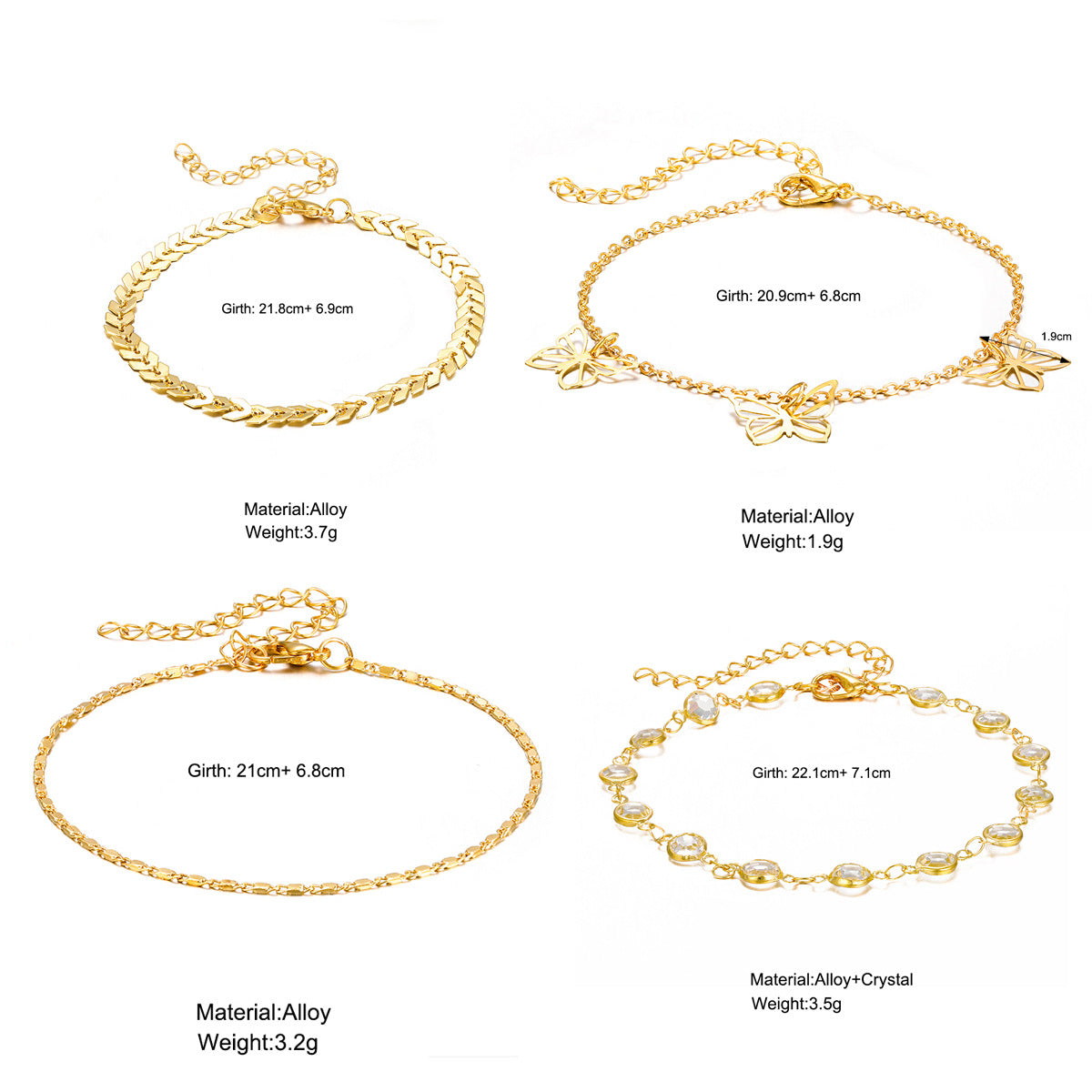 Juego de 4 tobilleras con forma de mariposa hueca 