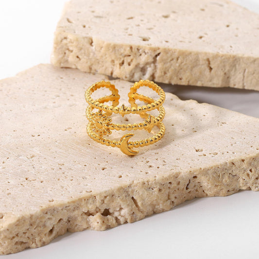 Three-layer star and moon open ring