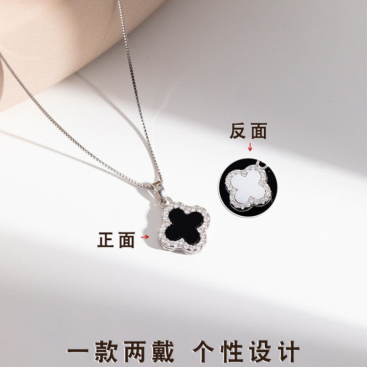 Double-Sided Black & White Four-Leaf Clover Diamond-Accented Pendant Necklace