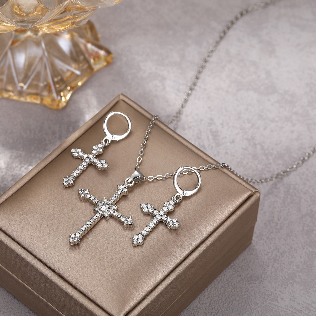 Rhinestone Cross Necklace & Earring Set