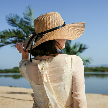 Beach Straw Hat Wide-Brim UV Protection Foldable with Bow