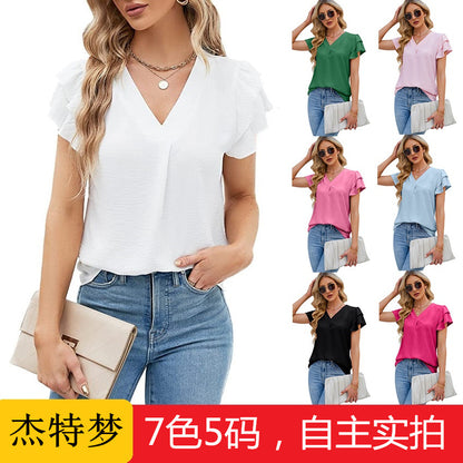 V-neck chiffon ruffle shirt short sleeve