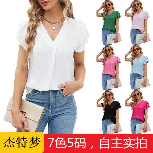 V-neck chiffon ruffle shirt short sleeve