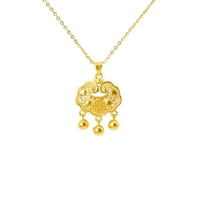 Women's "Fu Zi Ping An" Hollow Imitation-Gold Lock Necklace