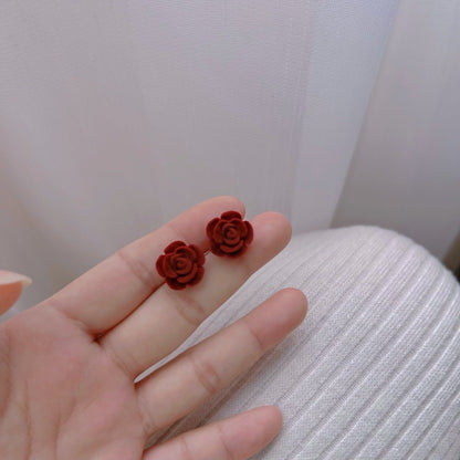 Burgundy Flocking Rose Tea Mountain Flower Earrings