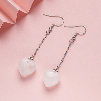 Brincos longos de aço inoxidável com coração de pêssego de 15 mm de cristal 