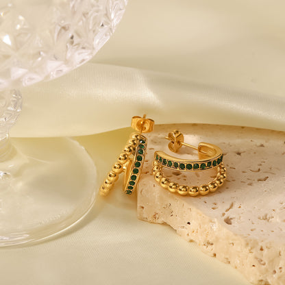 C-shaped double-layer green diamond earrings