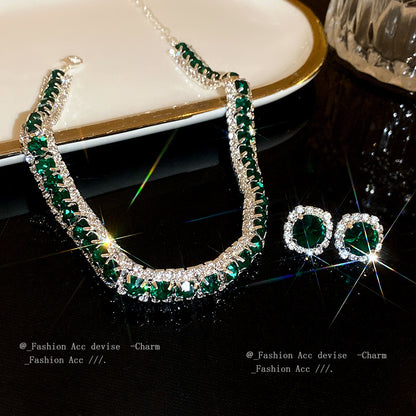 Green Neck Chain Necklace Earrings Two-piece Set