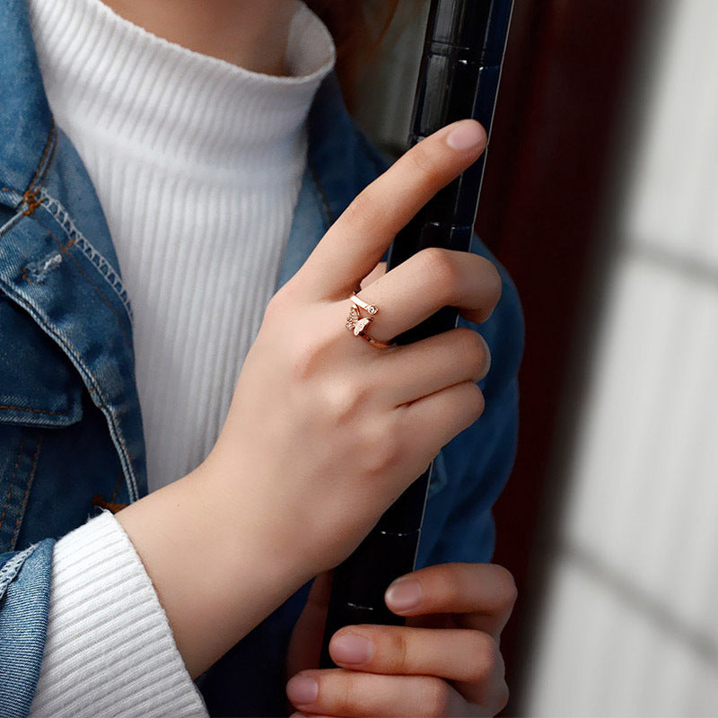 Adjustable Matte Butterfly Ring with Diamond Accent — 18K Gold Titanium Steel
