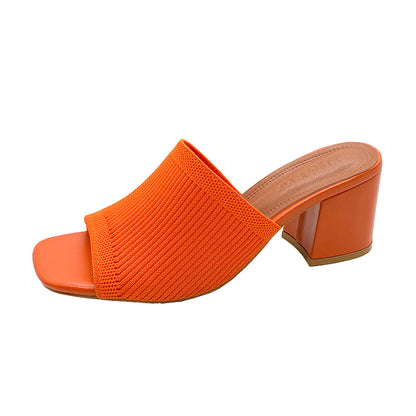 One-word thick heel knitted wool high heels