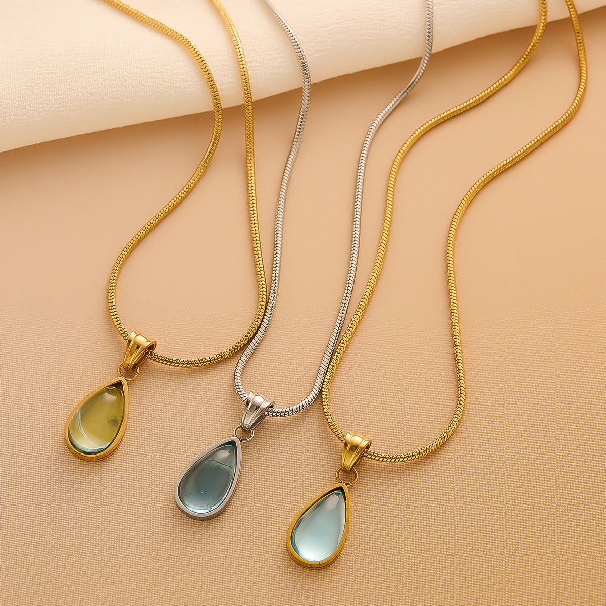 Women's Gold-Plated Titanium Steel Blue-Green Teardrop Pendant Snake Chain Necklace