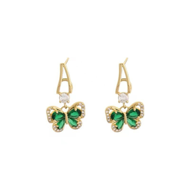 French Vintage Green Zirconium Butterfly Earrings
