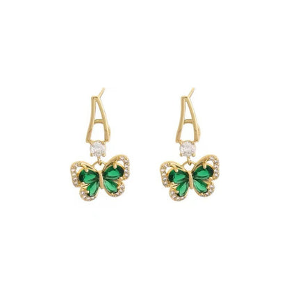 French Vintage Green Zirconium Butterfly Earrings