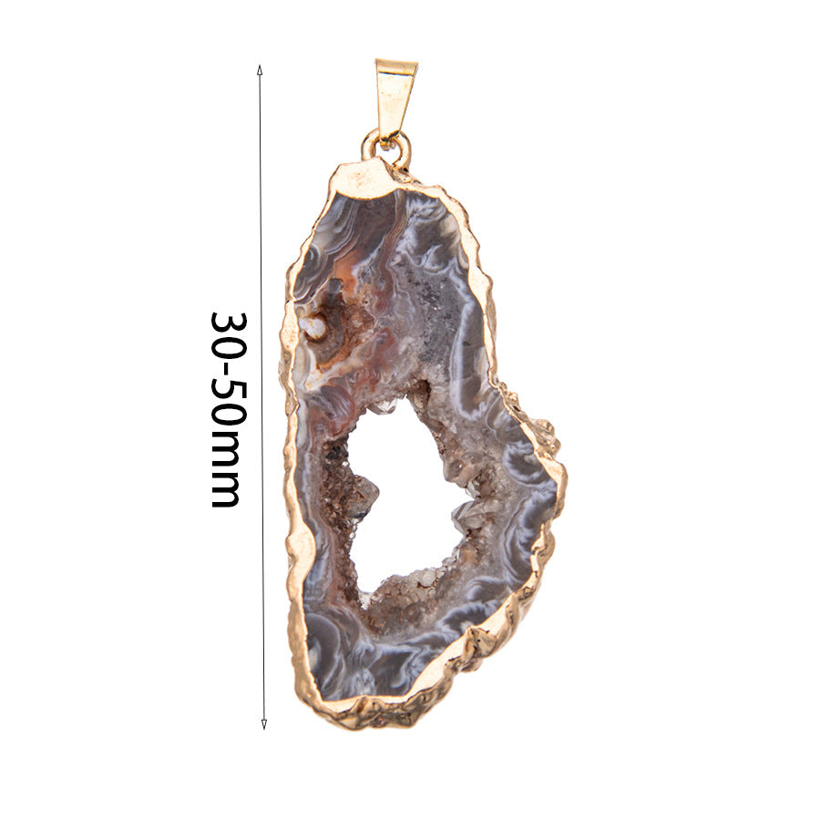 Crystal agate geode electroplated gold edge pendant