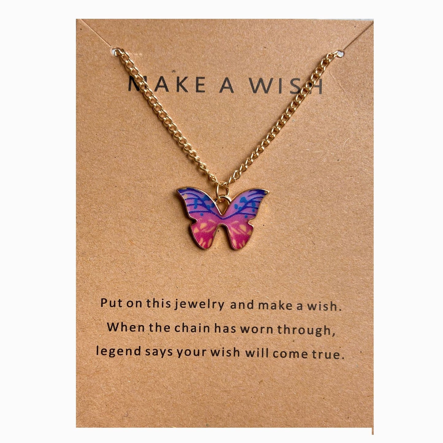 Collar de aleación con forma de mariposa y tarjeta de papel con letras antiguas 