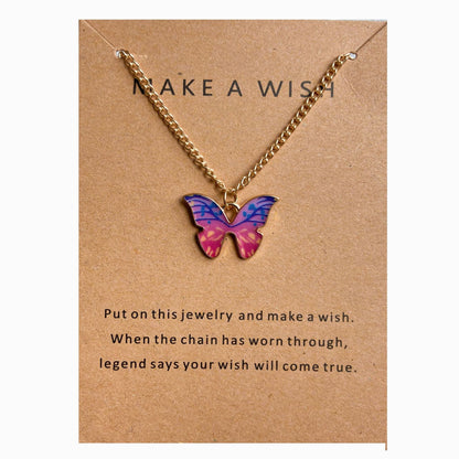 Collar de aleación con forma de mariposa y tarjeta de papel con letras antiguas 