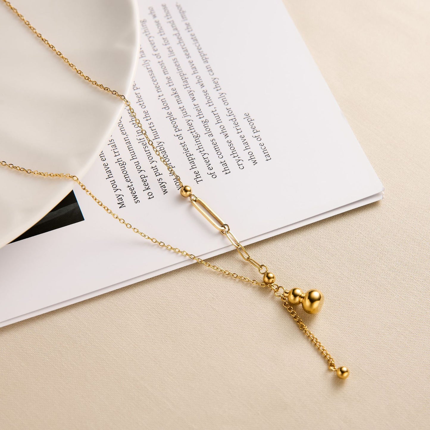 Women's Titanium Steel Gourd Pendant Necklace — Fringe Spliced Collarbone Chain, 18K Gold-Plated