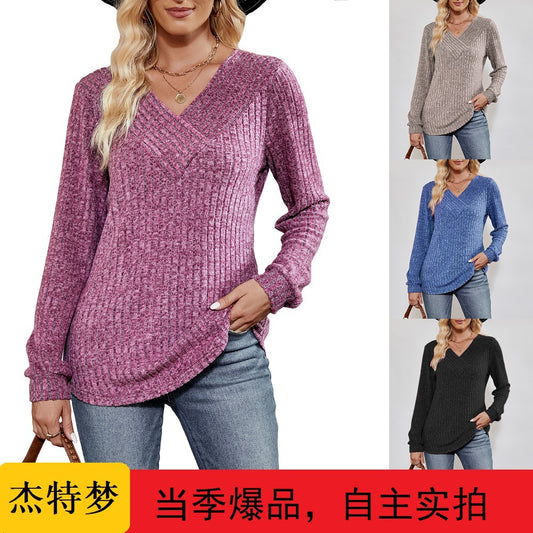 Solid color pit strip women's long-sleeved T-shirt