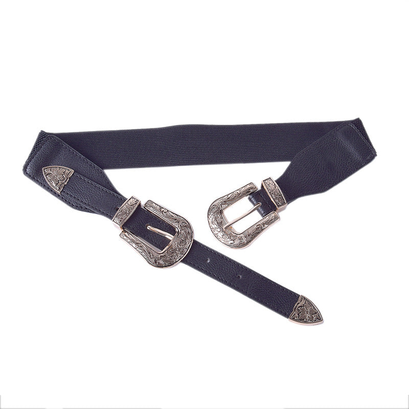 Grained metal double buckle decorative belt