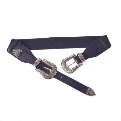 Grained metal double buckle decorative belt