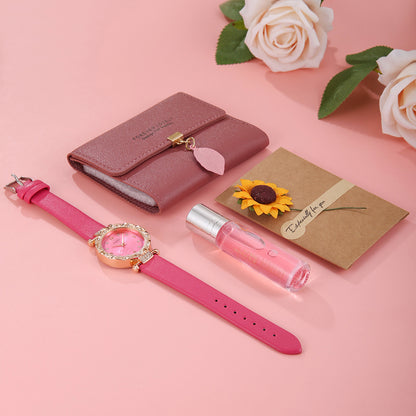 Purple Leather Strap Watch 4-piece Set