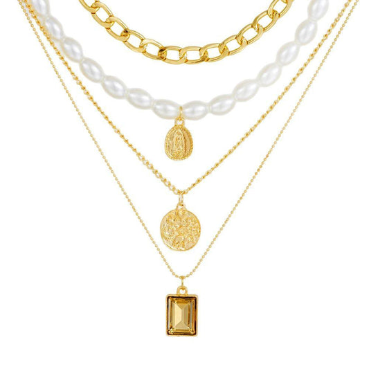 Ancient silver coin gem pearl four-layer necklace