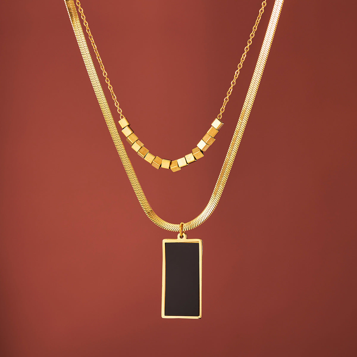 Women's Black Geometric Double-Layer Titanium Steel Choker