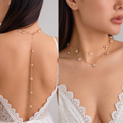 Pearl double necklace fringed stud earrings