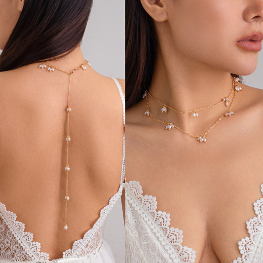 Pearl double necklace fringed stud earrings
