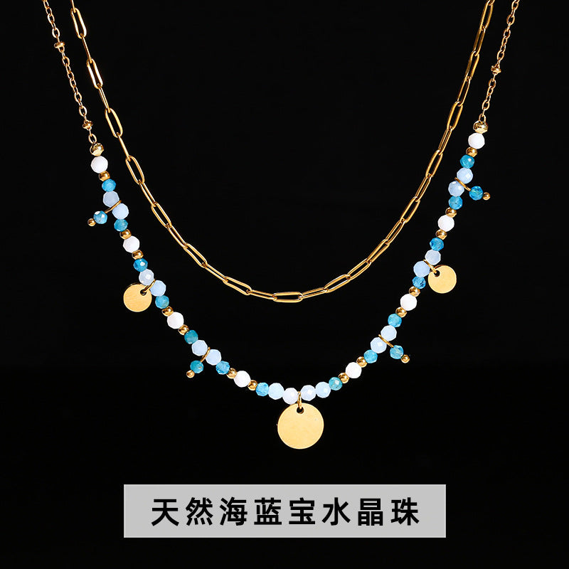 Cut natural stone stainless steel round card double-layer necklace