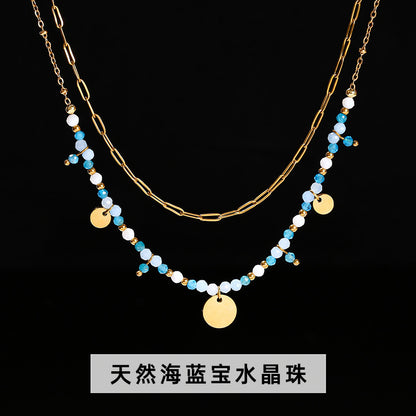 Cut natural stone stainless steel round card double-layer necklace