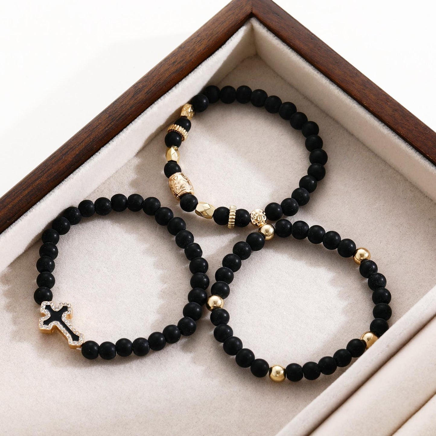 Matte Gold Bead Cross Bracelet Set