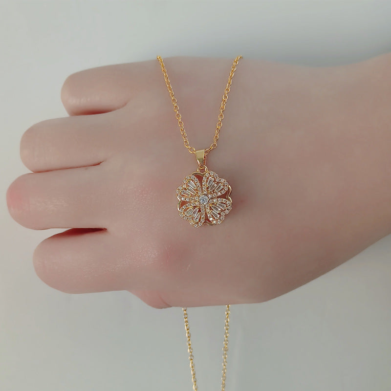 Rotating Windmill Sunflower Zircon Copper Pendant Necklace