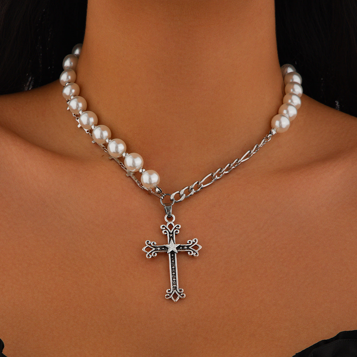 Fashion Cross Imitation Pearl Necklace Set