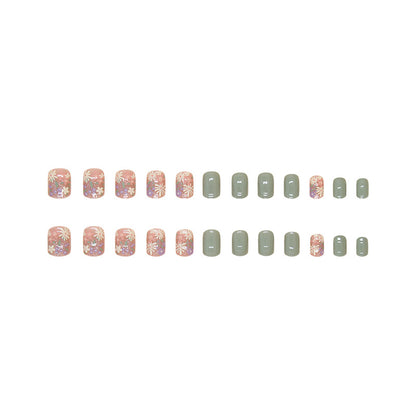 Spring Fresh Flower Green Short Nails 24 Pieces