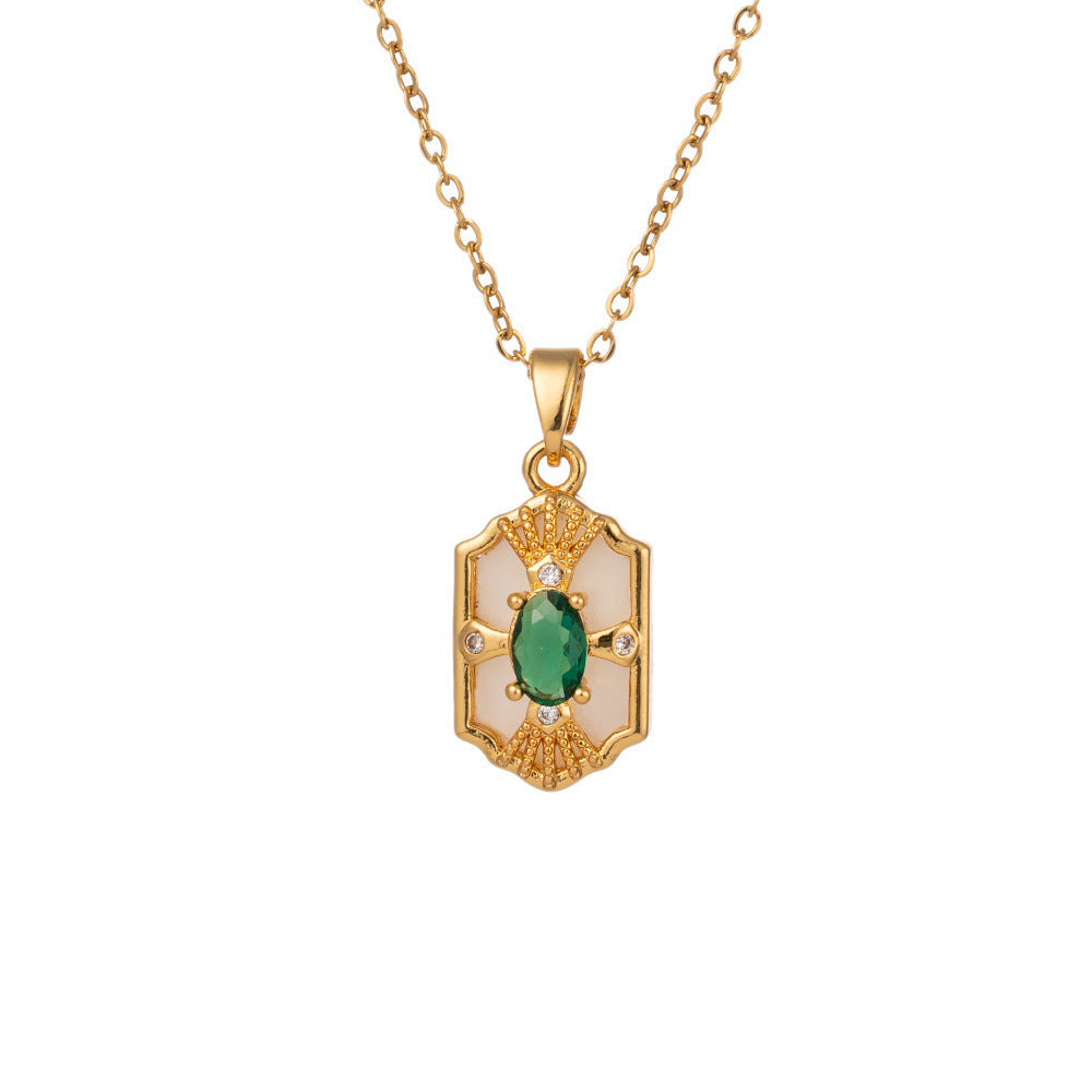 Women's Green Square White Shell Titanium-Steel Collarbone Necklace