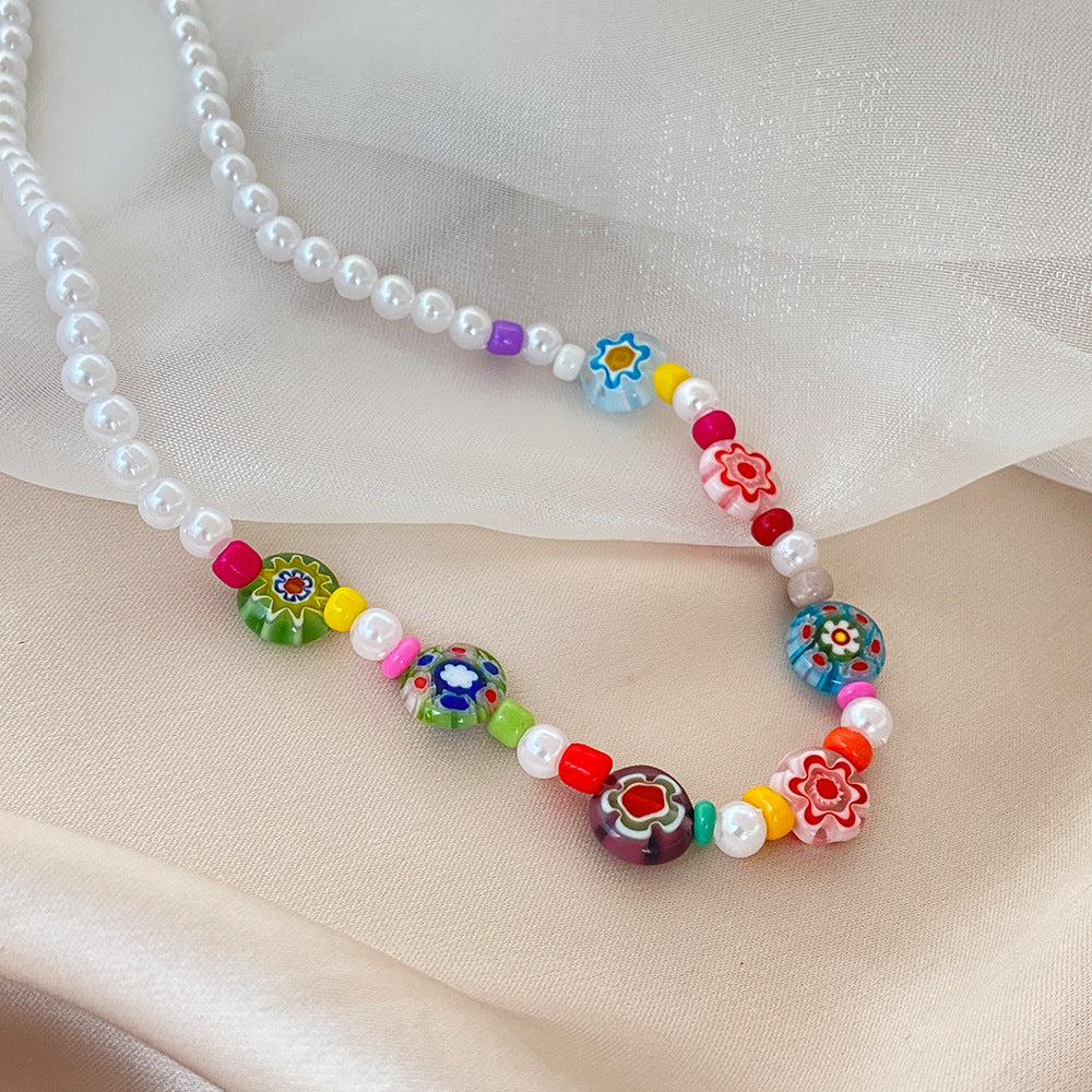 Colorful Daisy Petal Glass Bead Necklace