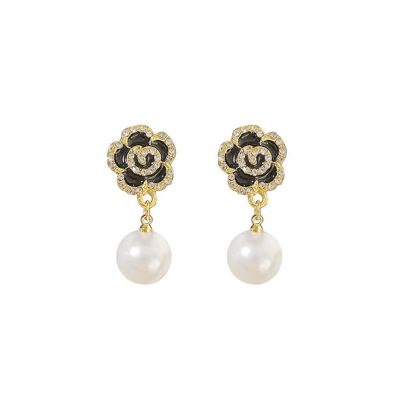 Black Rose Flower Pearl Earrings